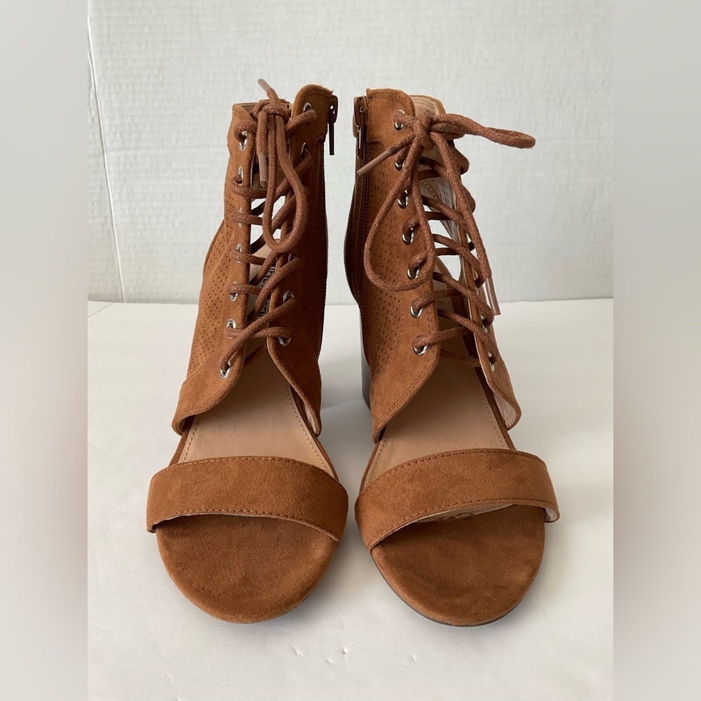 Steve Madden Cognac Suede Lace-Up Open-Toe Block Heels